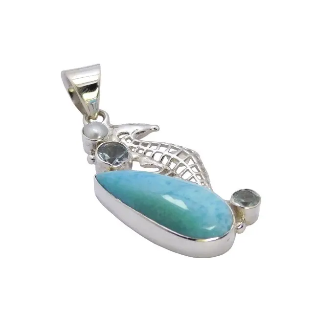 Pingente de pedra preciosa de larimar azul céu raro, pingente de prata artesanal indiano, joia, colar, fornecedor