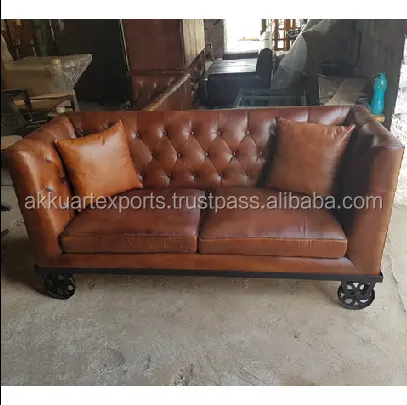 Nuevo vintage muebles de Sala; Dos asientos vintage sofá de cuero con ruedas; Estilo antiguo sofá de cuero