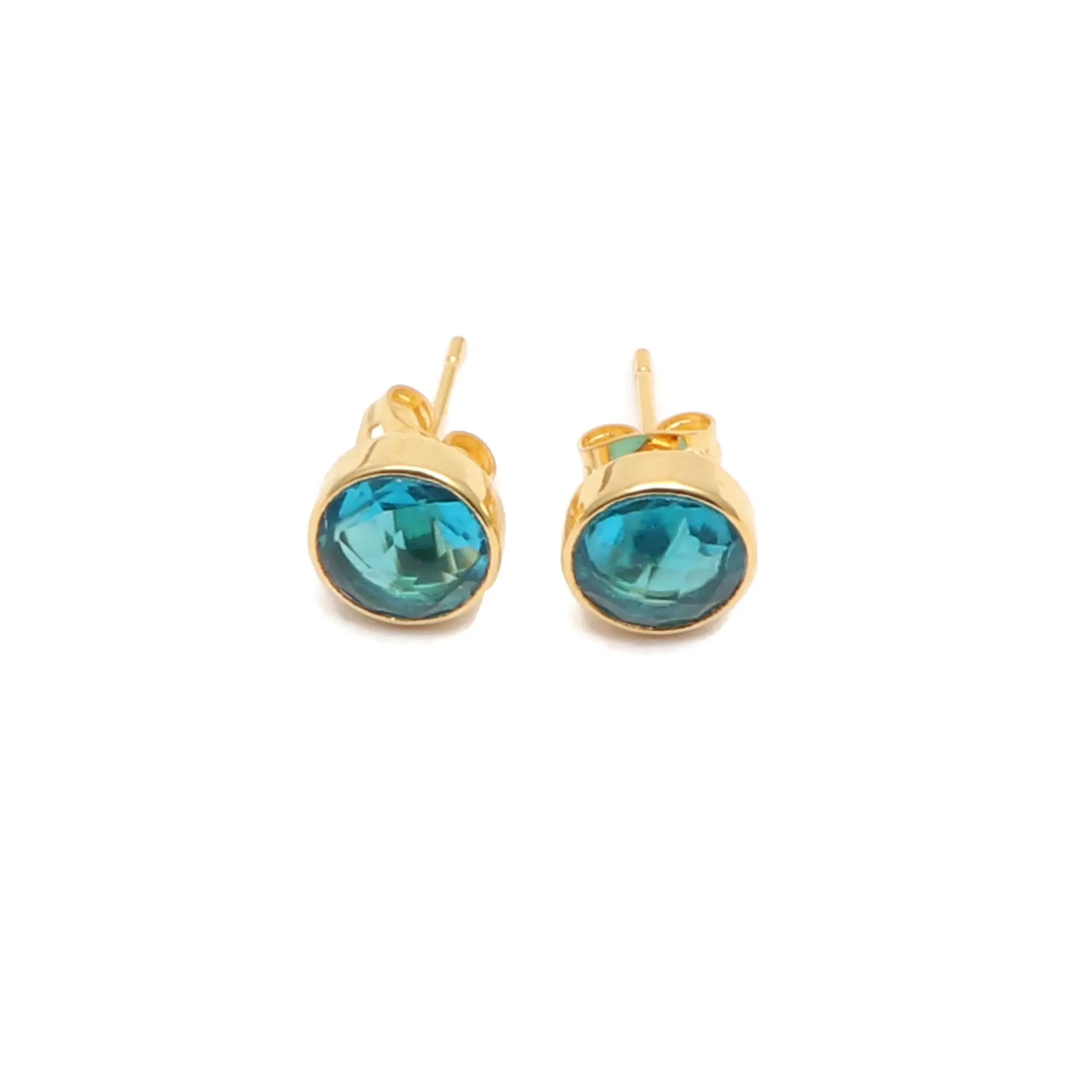 Boucles d'oreilles en topaze bleue de forme ronde, connecteurs de bail, plaqué or fait à la main, bijoux de recherche