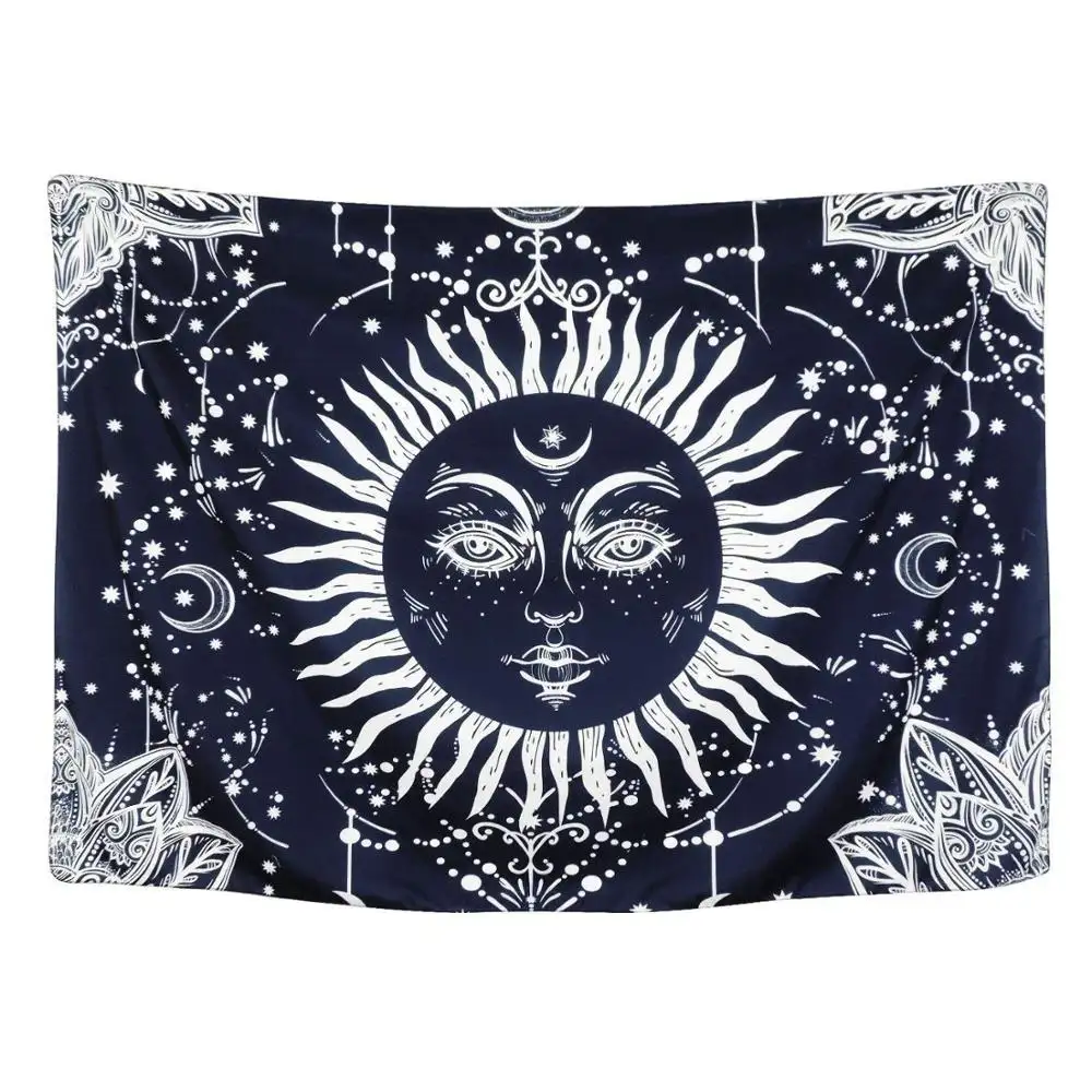 Tapiz psicodélico de Luna y sol, tapiz celestial, tapiz de Mandala bohemio hippy para cama, colgante de pared indio, azul oscuro, blanco