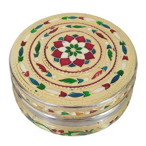 FLOWER DESIGNED STAINLESS STEEL MAKE <span class=keywords><strong>MEENAKARI</strong></span> DECORATED CONTAINER/ FAVOR <span class=keywords><strong>BOX</strong></span> -GOLDEN MEENA (4 "× 4" × 2.5 "INCHES)