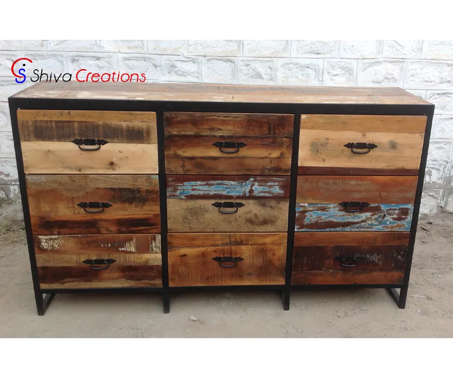 IVF--175 Bedroom Furniture Metal Frame Reclaimed Wood 9 Drawers Cabinet