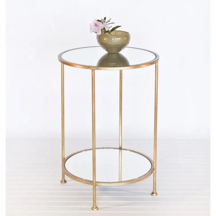 Fertiger Tisch aus poliertem Messing mit runder Form 2-stufiger Beistell tisch aus Blattgold, Spiegel platte