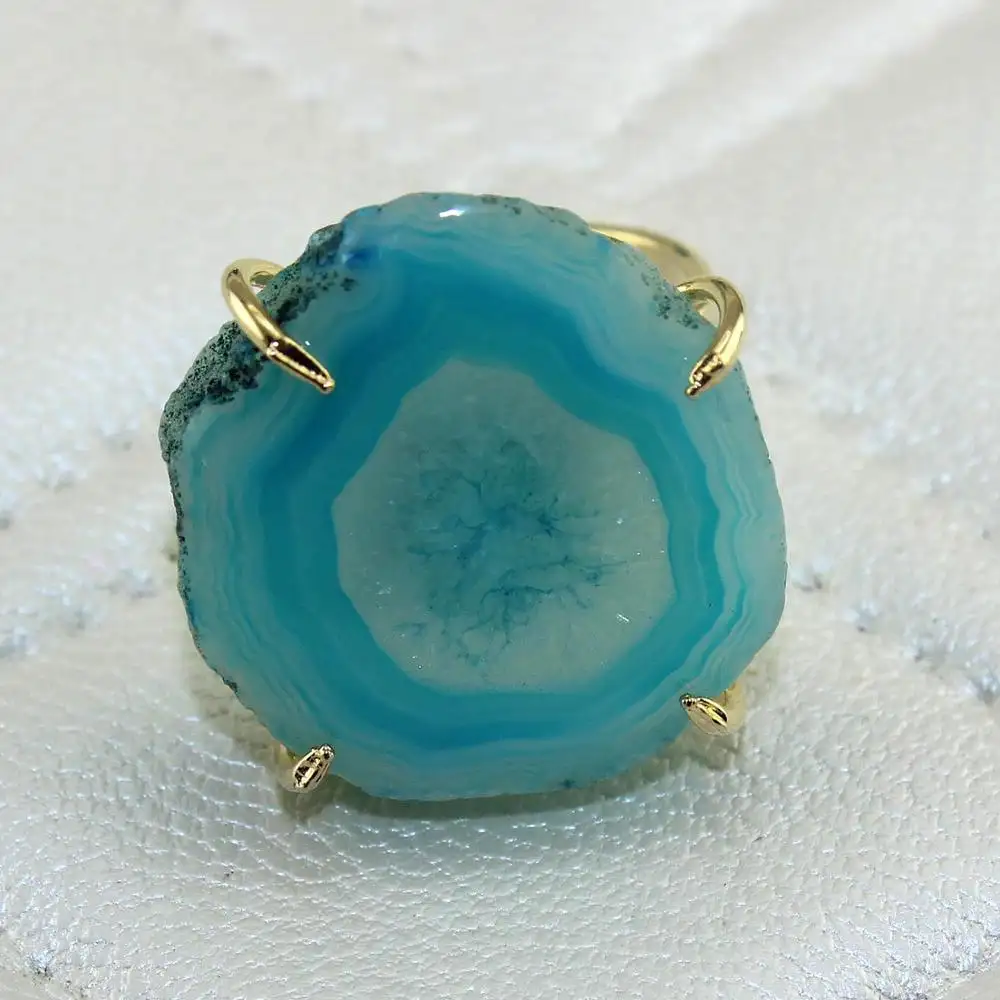 Anel em formato de ágata azul genuíno, novo design, fatiar, anel de latão 24k, dourado, pongue banhado a ouro, anel ajustável