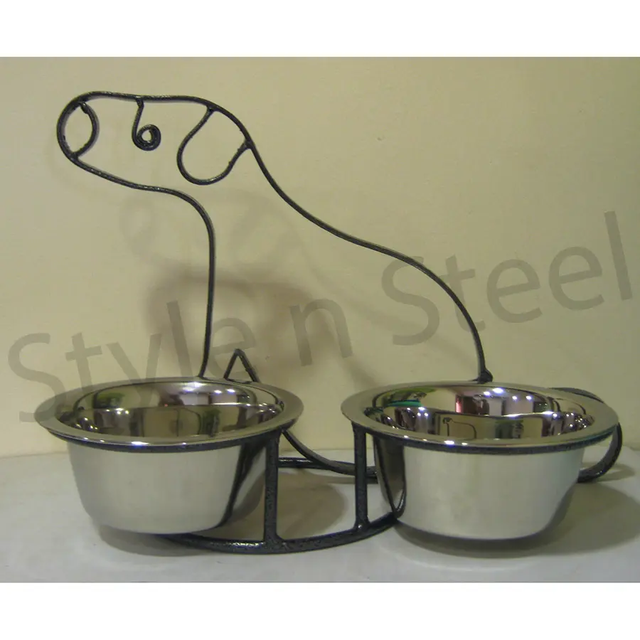 Wholesale Stainless Steel Dog Shape Stand Coated Feeder Dog Cat Stainless Steel Food Water Bowls Iron Stand