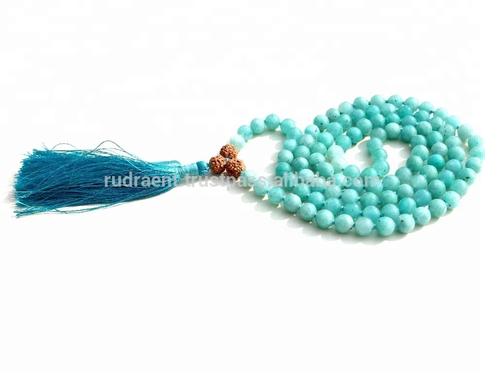 Collana lunga di preghiera buddista di alta qualità amazzonite Rudraksha fatta a mano Amazonite lunga collana di Mala che vende per feste su amazzone