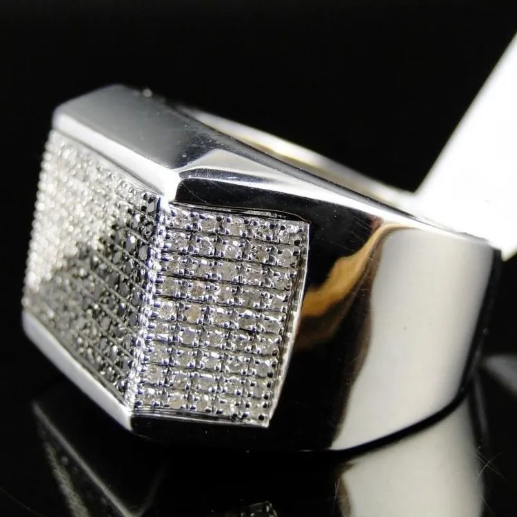 Mens 14k White Gold Natural Black and White Diamond Pinky Fashion Band Ring 1.80 Carat