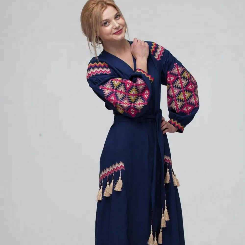 Ukrainian costumes for women handmade embroidery on blue color Ukrainian dress