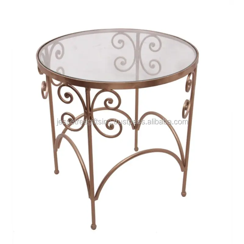 Metal Wire Accent Coffee Table With Clear Glass Top Copper Powder Coating Finishing Round Shape Curved Design For Living Room