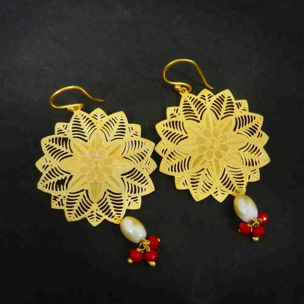 White pearl & chinese red coral beads flower designer laser cut charms raw 18k gold plated handcrafted jewelry dangle earring