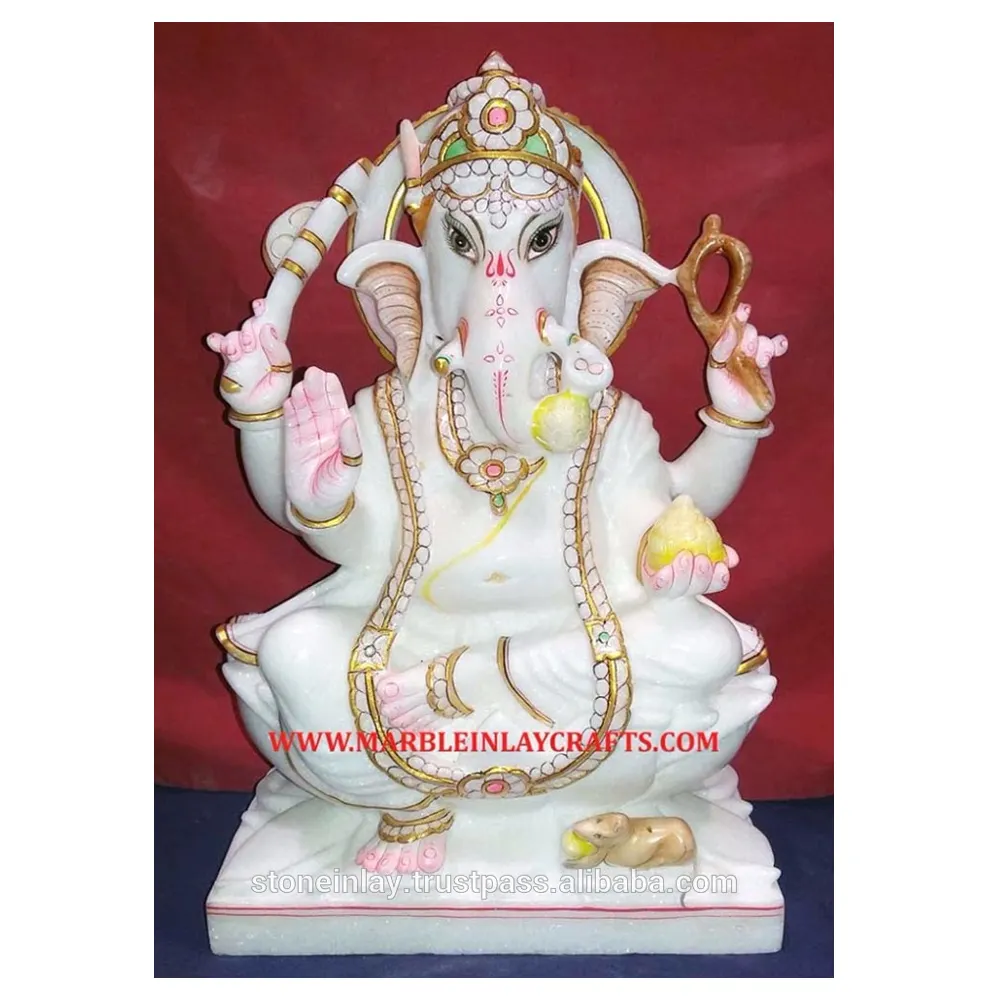 Ultima statua di Ganesh Ji in marmo bianco molto bella fatta a mano seduta su singhasan statua attraente per Ganesh Chaturthi