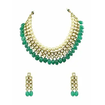 Gorgeous Green Necklace Set in Kundan and Pearl Kundan Necklace Set With Green Onyx Droplets At Best Wholesale Price India