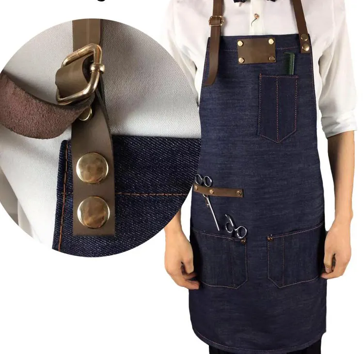2019 Coffee shop apron leather denim apron men and women customized leather strap apron