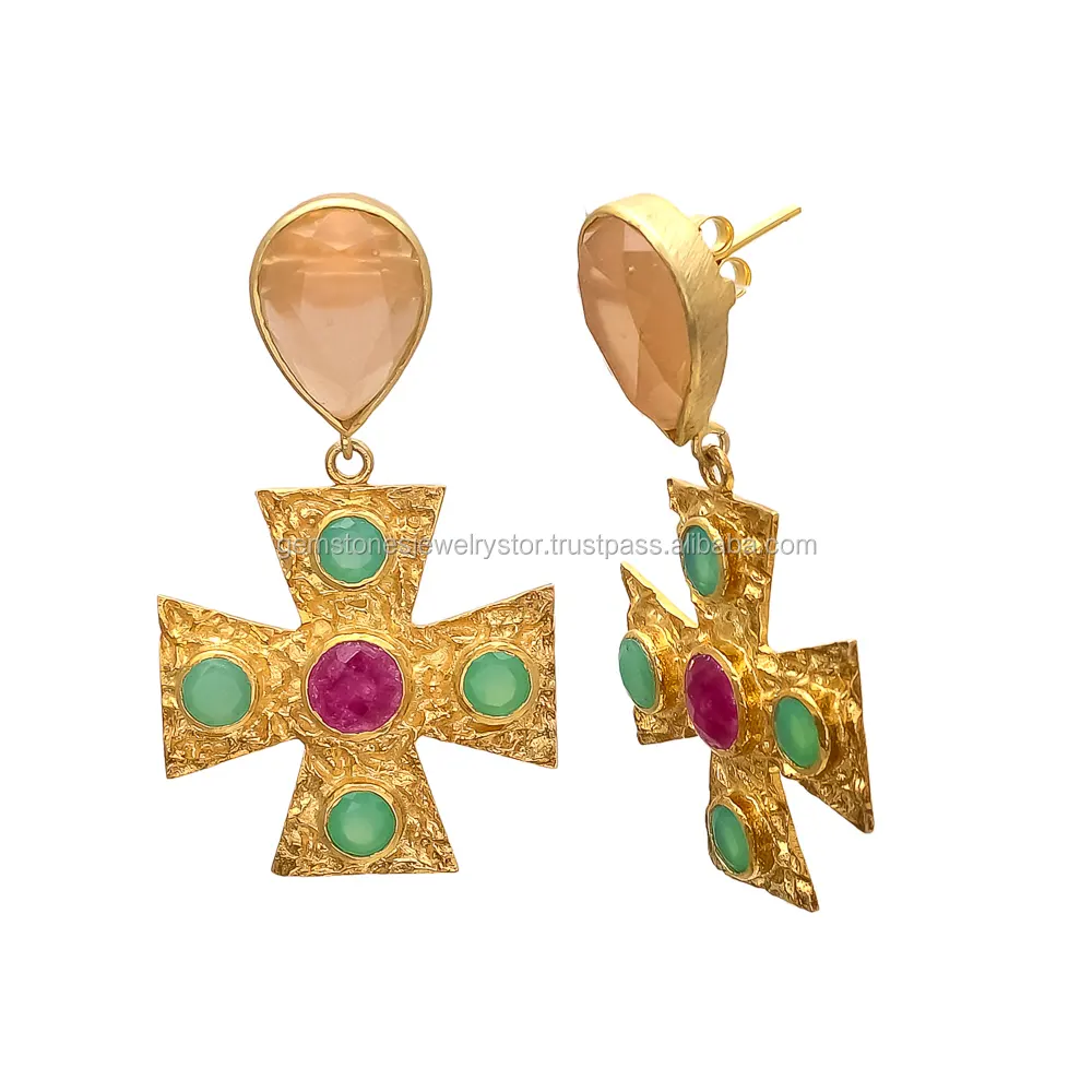 Multi Gemstone Earring Peach Chalcedony Gold Vermeil Earring