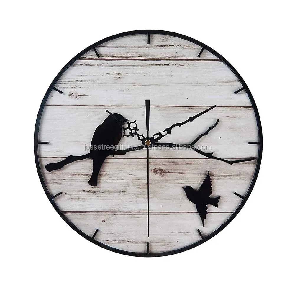 Metall analoge Wanduhr für Heim-und Wohnzimmer dekoration Birds & Branch Design Schwarz pulver beschichtung