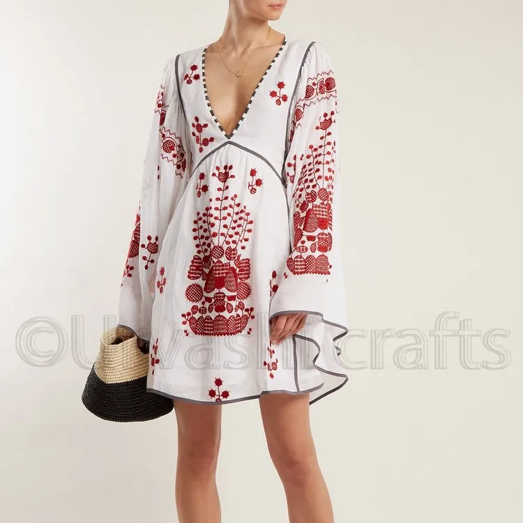 Vestido bohemio con bordado de flores gitanas, vestido corto con mangas anchas en la espalda, estilo sexy para fiesta de navidad