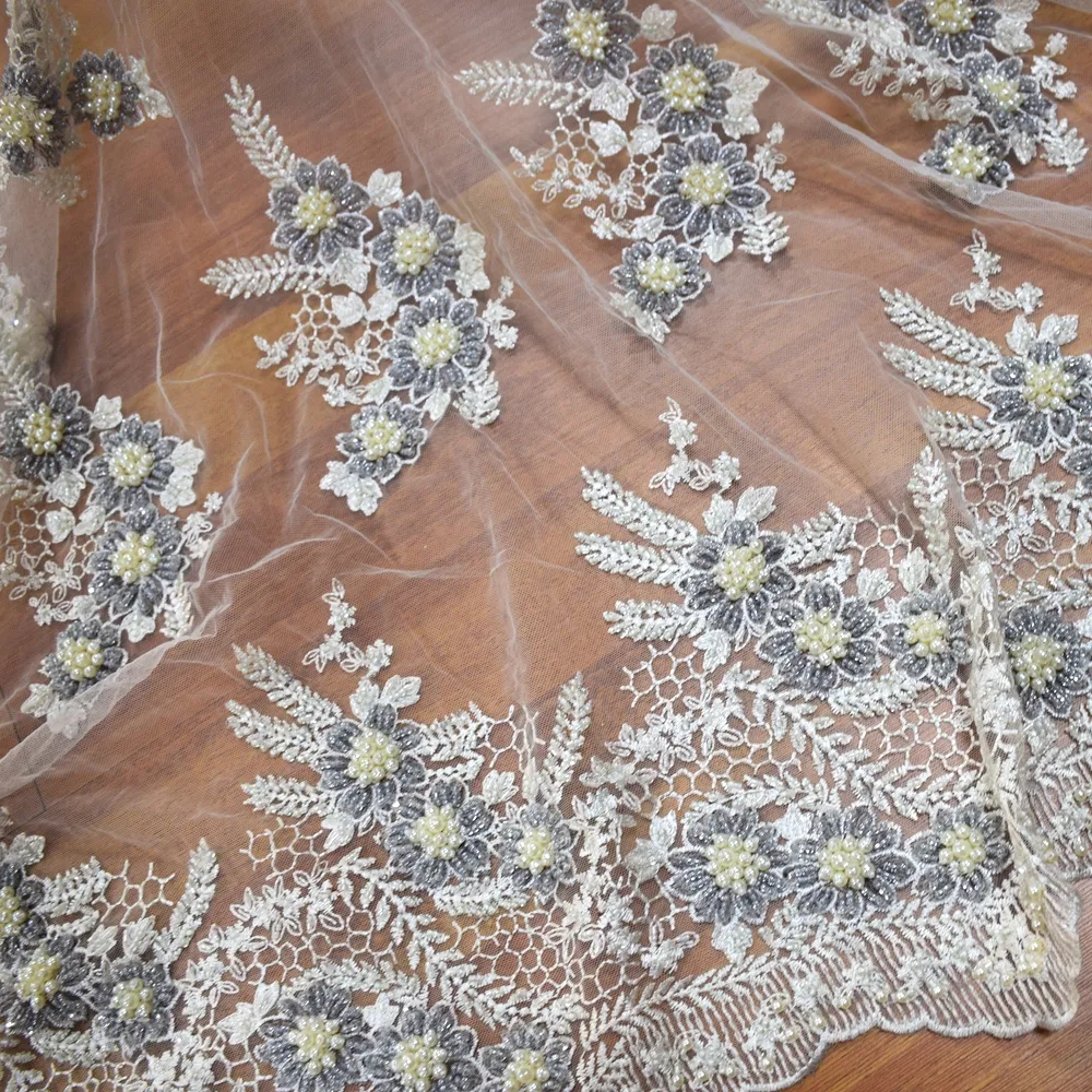 Nuevo diseño 3d tela de encaje de novia con perlas blanco y gris bordado floral tul francés boda Vestido de encaje HY0867-6