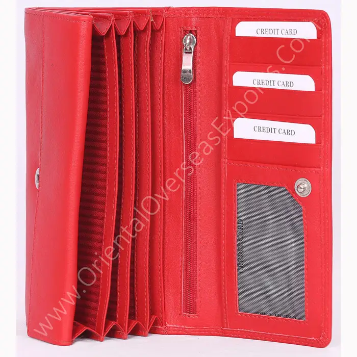 Monedero de mujer de color rojo de cuero real con múltiples ranuras para tarjetas de crédito y monedas y cierre de botón a presión