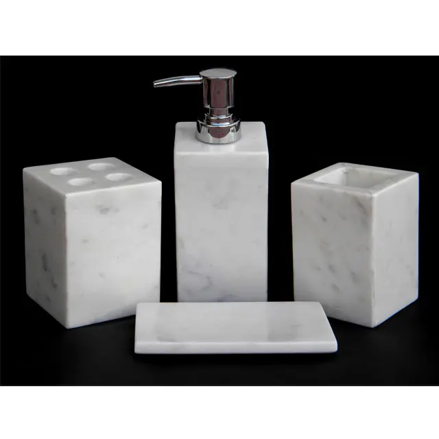 Ensemble de bain indien personnalisé fait à la main en marbre blanc carré accessoires de salle de bain gobelet distributeur de savon avec pompe porte-savon plateau de vanité
