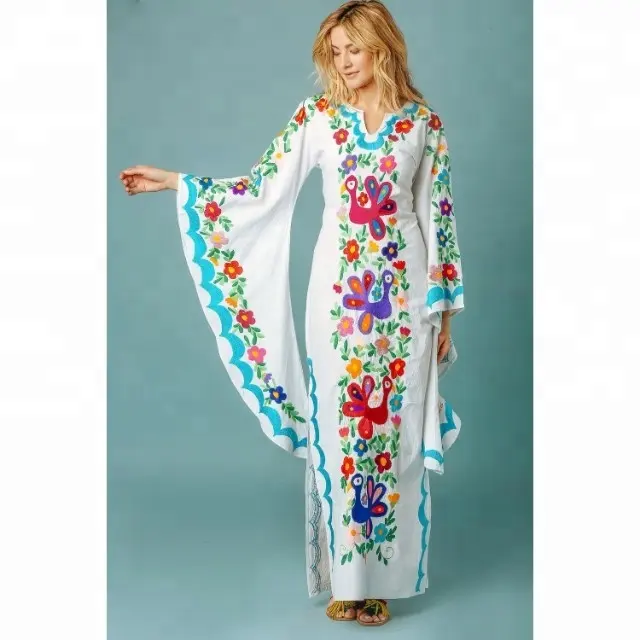 Diseño Vintage de calidad superior de las mujeres de bordado completo de trabajo de manga larga Maxi estándar largo Kaftan vestido regalo para ella al por mayor