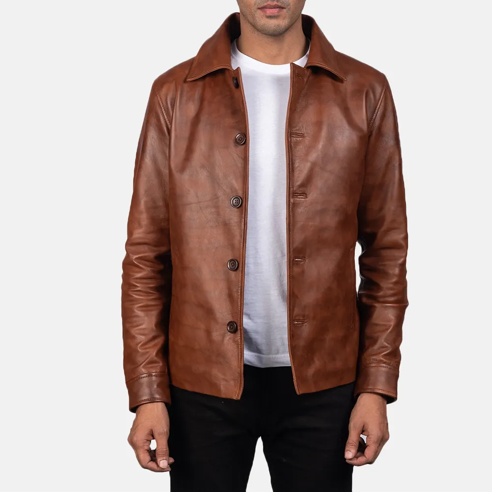 Wholesale Comfortable Style Waffle Brown Leather Jacket Coat For Men - Top Quality Material