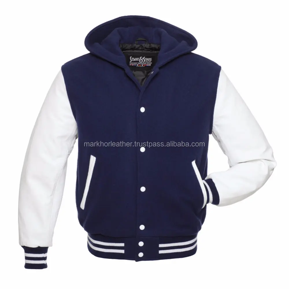 Veste à capuche en cuir véritable pour hommes, manches en cuir, couleurs bleu marine/blanc