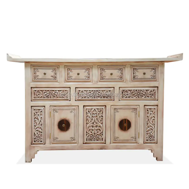 Consola de Buffet Oriental, mueble de madera de caoba antigua, color blanco