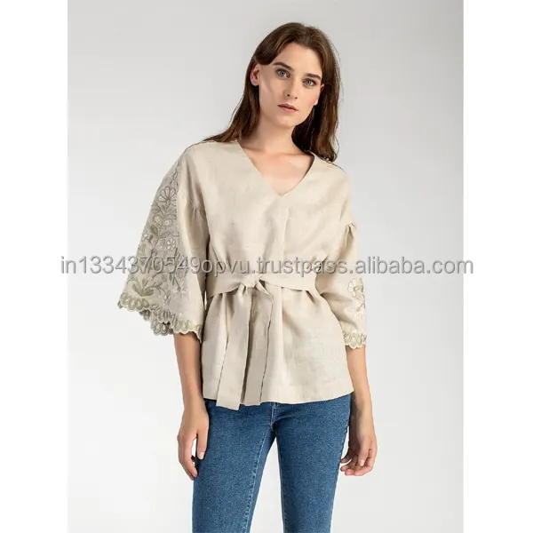 Popular de las mujeres ropa de verano luz Beige armonioso y suave blusa decorado con adornos florales cinturón ancho mujer superior