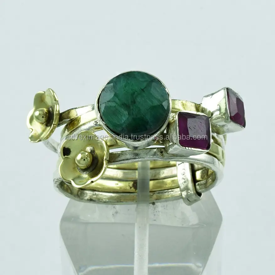 Rubino e Smeraldo Pietra Agata 925 Sterling Silver Stack Anello, In Argento Fatti A Mano Anello Pila