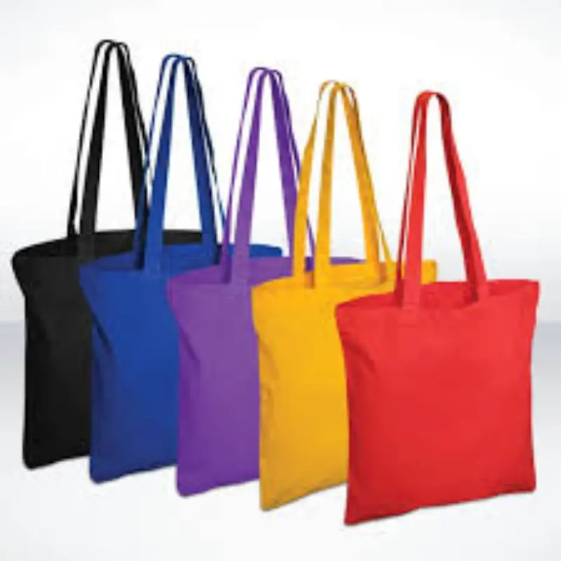 Tas belanja katun berbagai warna dengan tas jinjing kanvas cetak desain kustom untuk tas belanja katun multifungsi sehari-hari
