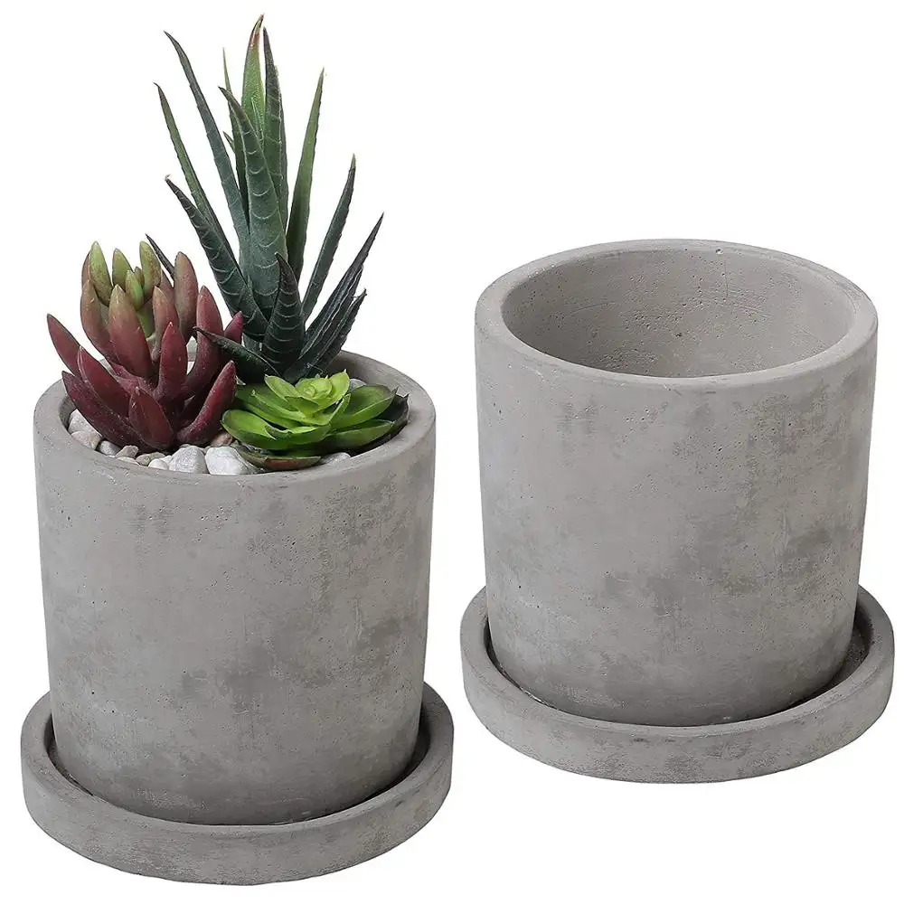 Set di 2 Moderno 4-Pollici Grigio Non Smaltato Cemento Succulente Planter Vasi con Rimovibile Piattino