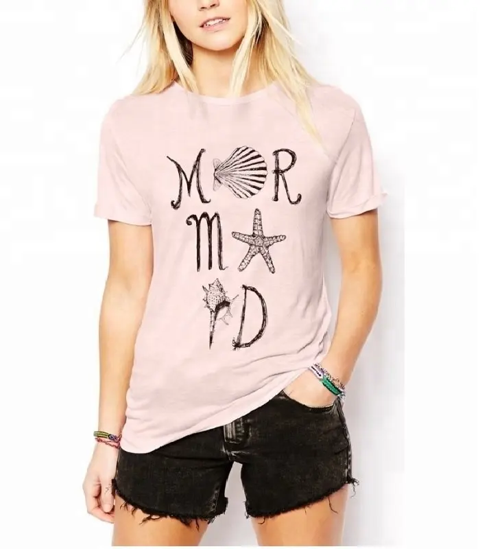 Denizkızı baskılı T Shirt kadın forması Tee gömlek örme % 100% pamuk ile dekore edilmiş baskı bayanlar Tees sevimli Tees düzenli
