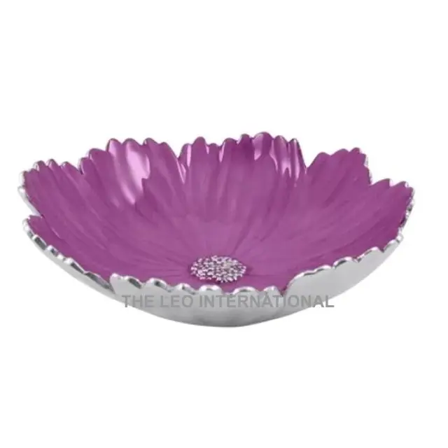 Aluminium métal brillant argent finition violet émail couleur fleur forme 10X10X4 Inch décoration maison accessoires hôtel ware événement