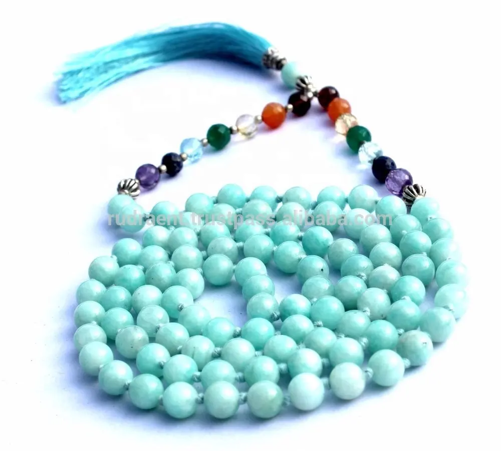 Nuovo Design Amazonite e perla 7 Chakra annodato collana di perle di Mala motivo a cuore con perline 108 pietra naturale Set spirituale