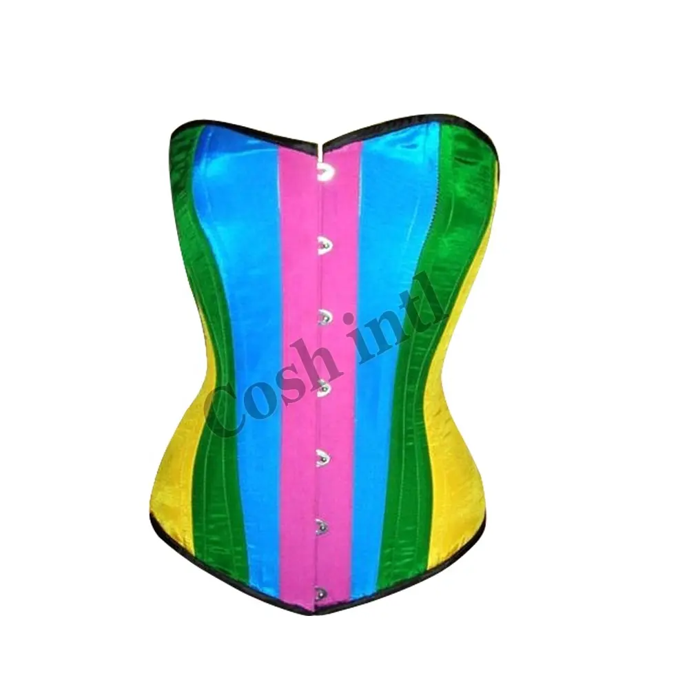 New Arrival High Quality Over Bust Steel Boned Rainbow Satin Corset Vendors And Exporter From Pakistan