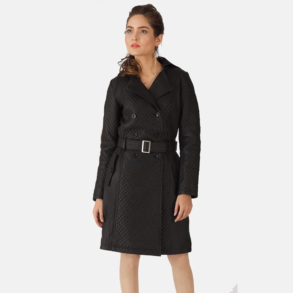 Bequemer moderner Schaffell-Trenchcoat aus schwarzem Leder für Damen mit Großhandels preis