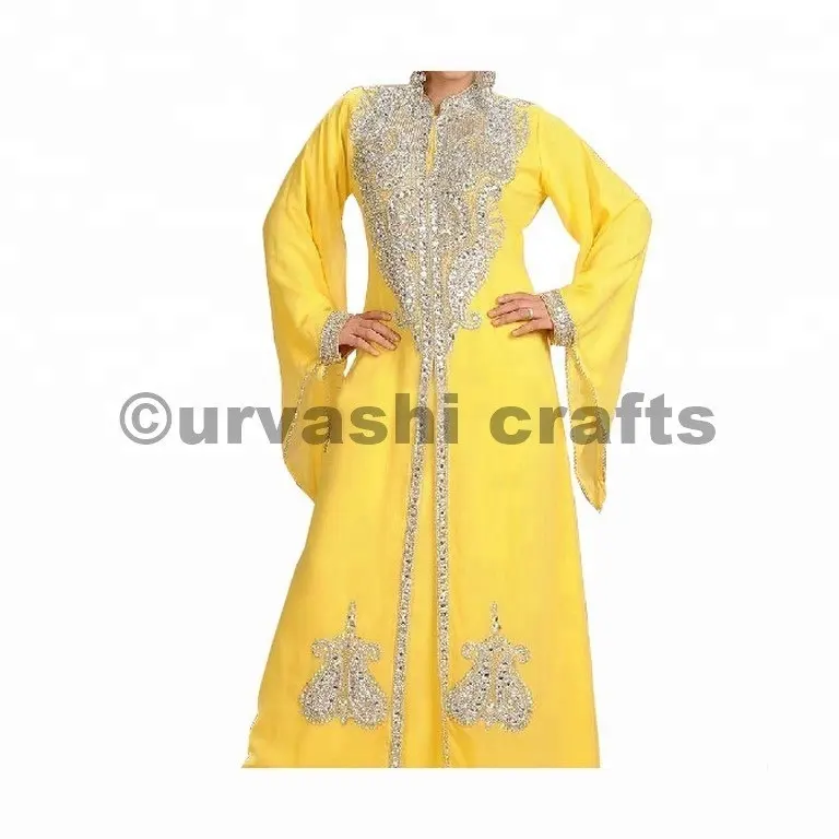 2018 dernières nouvelles conceptions caftan perlé élégant abaya haute couture jaune dubaï kimono avant ouvert abaya complet avec perles caftan