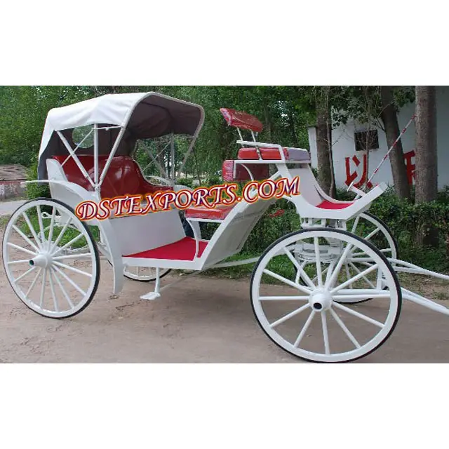 White Victoria Carriage with Red Sitings, Wedding White Victoria Horse Drawn Carriages, New Design Wedding Carriage With Hood