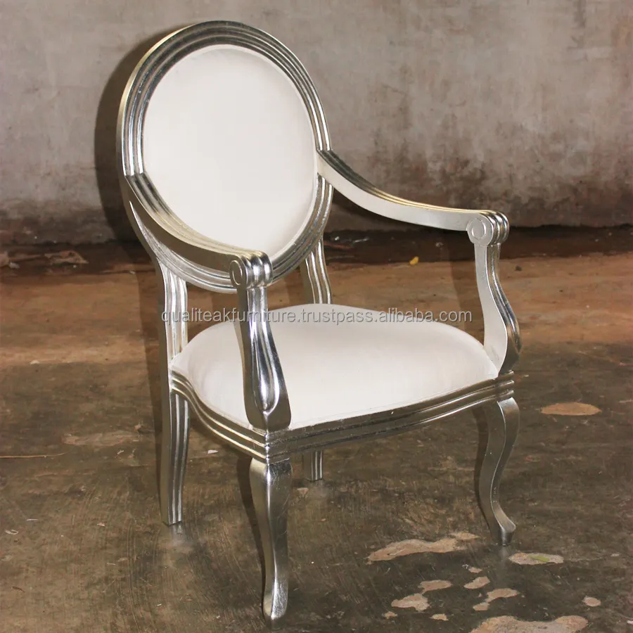 Cadeira de jantar francesa antiga, cadeira de reprodução com estofos de linho, acabamento de folha de prata