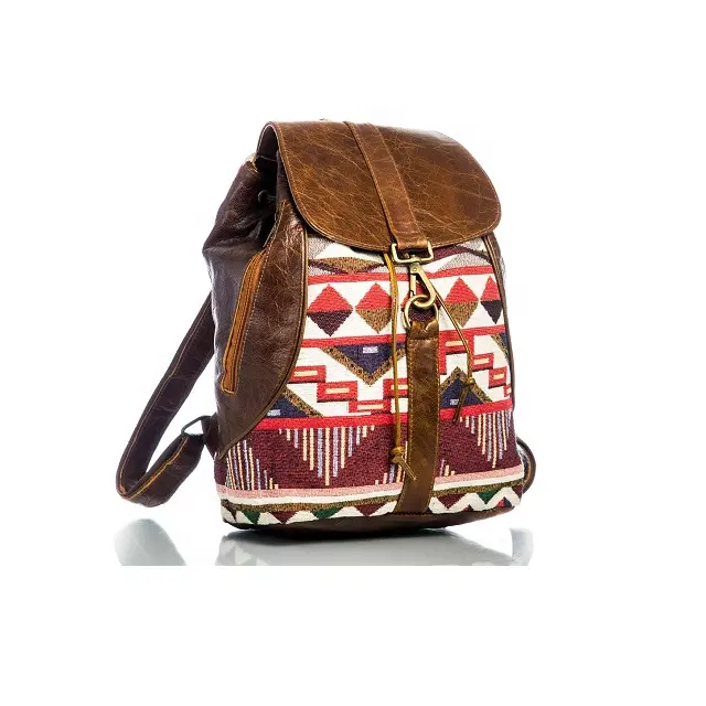 Mochila Jacquard con adornos de cuero auténtico para mujer, morral de algodón, marrón, indio, Venus nacional