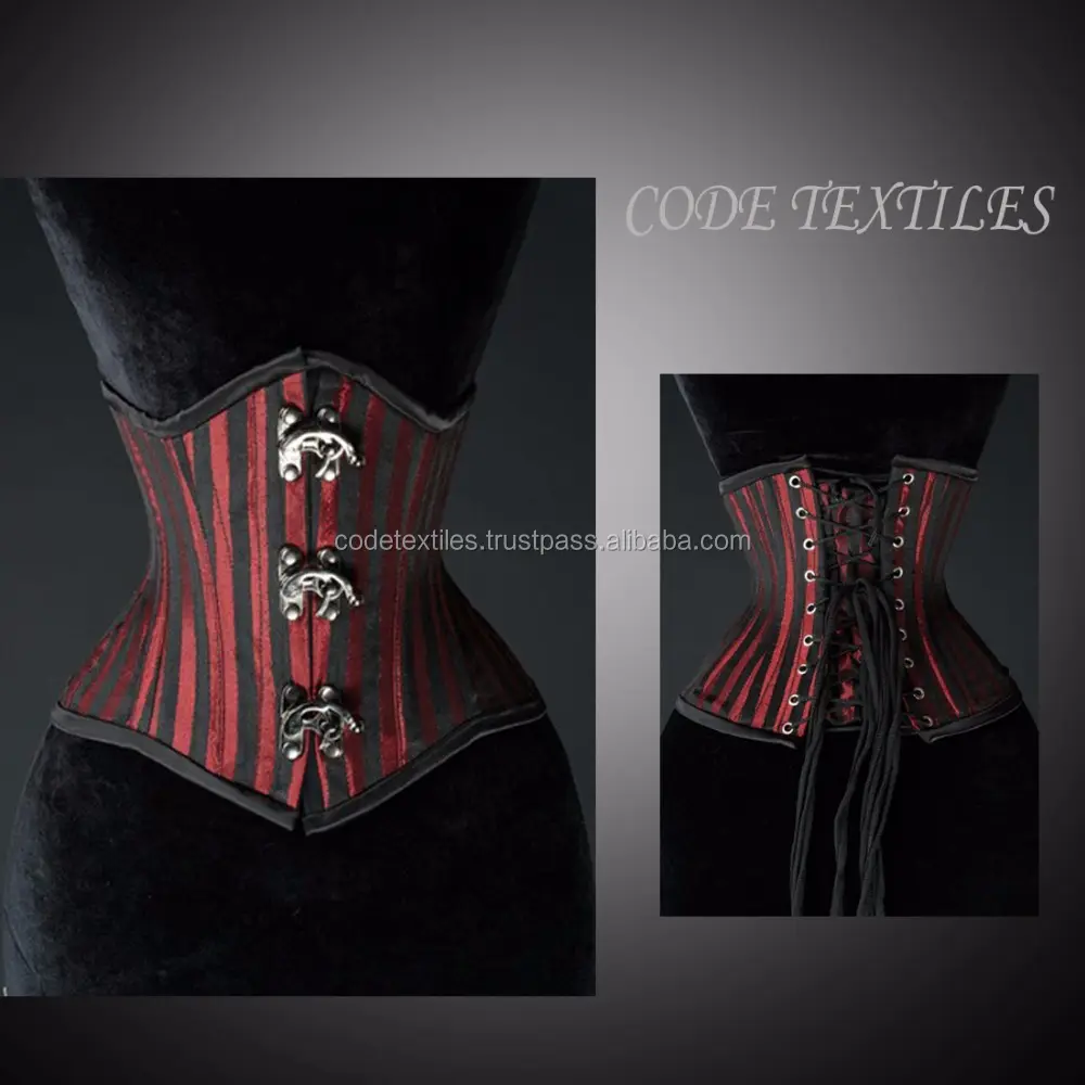 Listrado vermelho de Cetim e Do Laço Zipper Buckle Steampunk Overbust Corset com Alça Macia Western Moda Corpetes Top