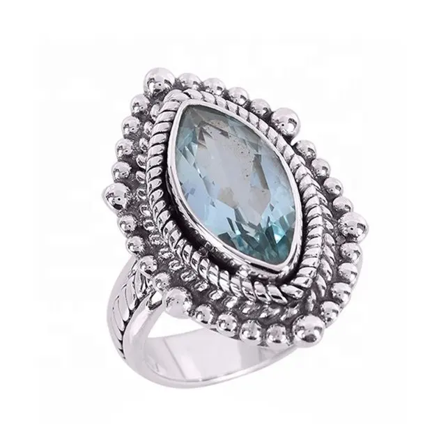 Anel exclusivo de prata esterlina 925 feito à mão em topázio azul abaixo de joias em prata esterlina por atacado