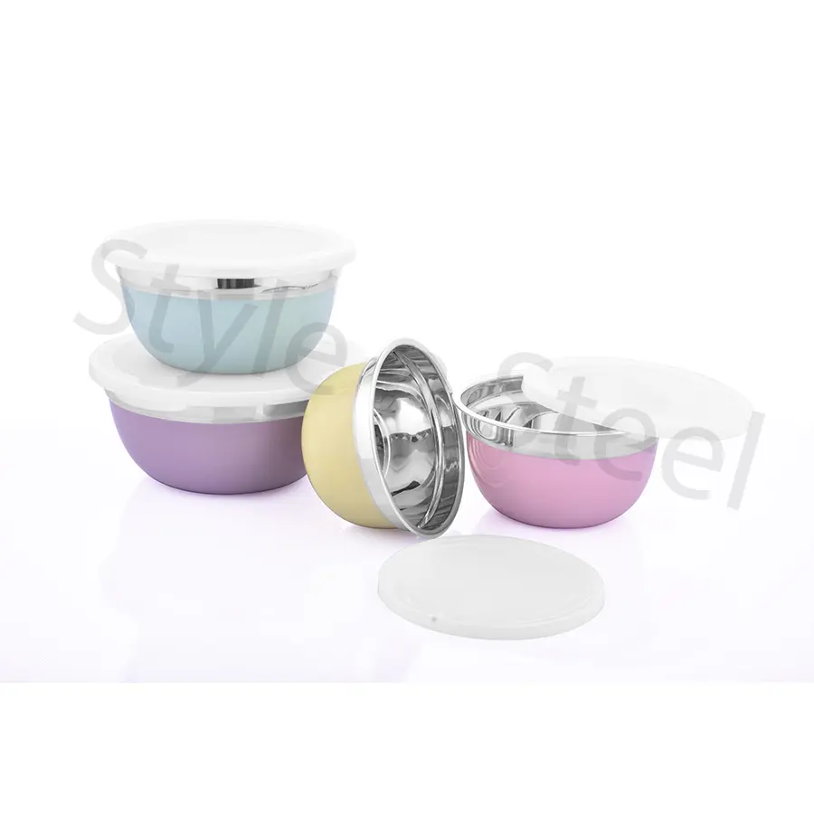 Step Lid Bowl Set de 4 Pcs Aço Inoxidável Microwavable Dinnerware Set Fruit Salad Tigela de vidro para restaurante