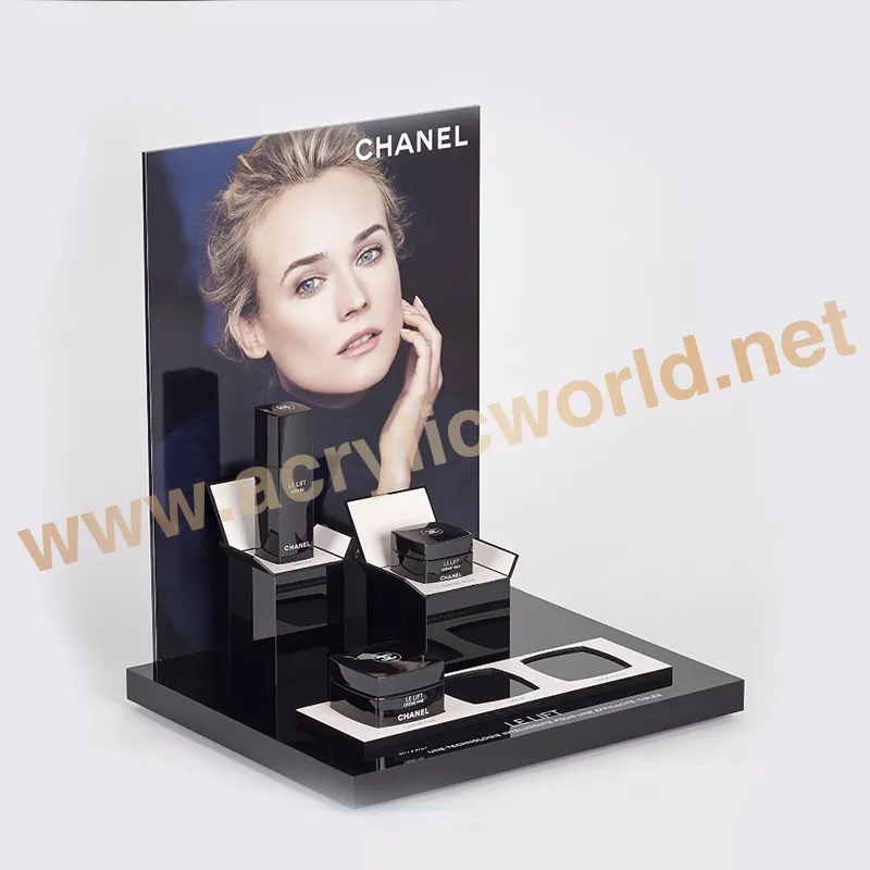 Excellent Design Skin Care Product Display Stand Acrylic Cosmetic Rack With LCD play video for specify product presentation