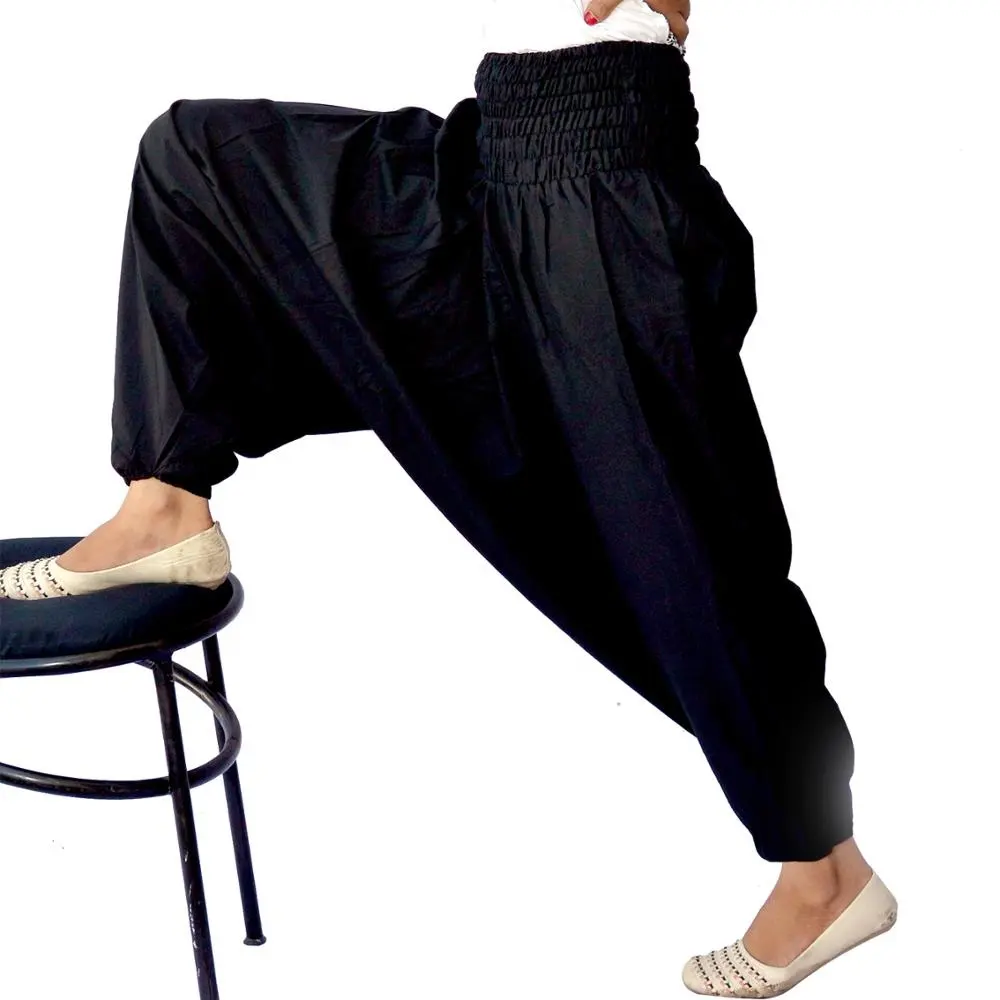 Penjualan Laris Celana Yoga Celana Harem Pria dan Wanita Katun India Celana Panjang Unisex Hitam Polos Grosir