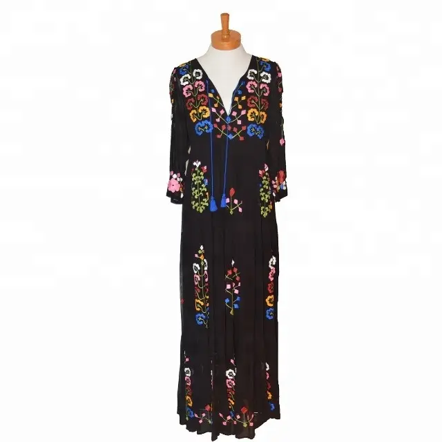 De moda venta al por mayor precio de fábrica mexicano bordado vestido de larga de 100% algodón túnica Hippie Floral 80 bohemio bordado Dailywear