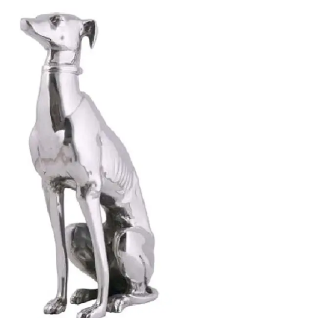 Figurita de perro sentado grande de aluminio de lujo, decoración de perro, hecha a mano, brillante y plateado, decoración europea para el hogar