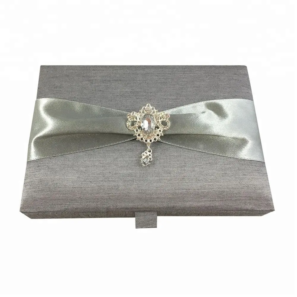 Original Silver Brooch Silk Wedding Invitation Box