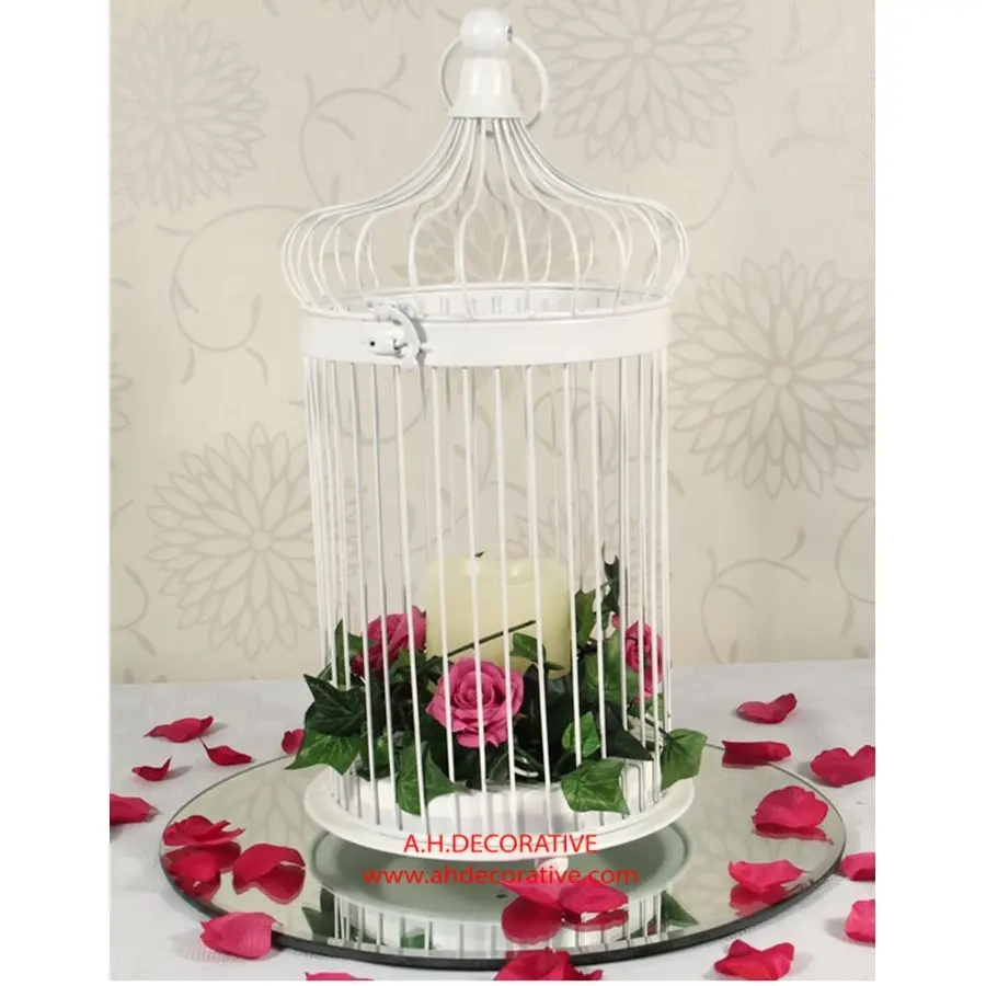 Gaiola de pássaro branca revestida, ferro de metal revestido para decoração de flores de casamento