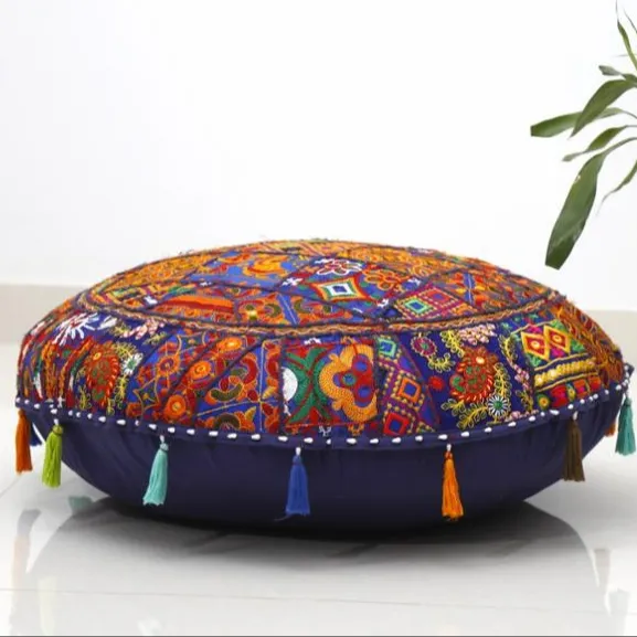 Funda de cojín con bordado indio para el suelo, cubierta de cojín redonda para el suelo, hecha a mano, para decoración del hogar